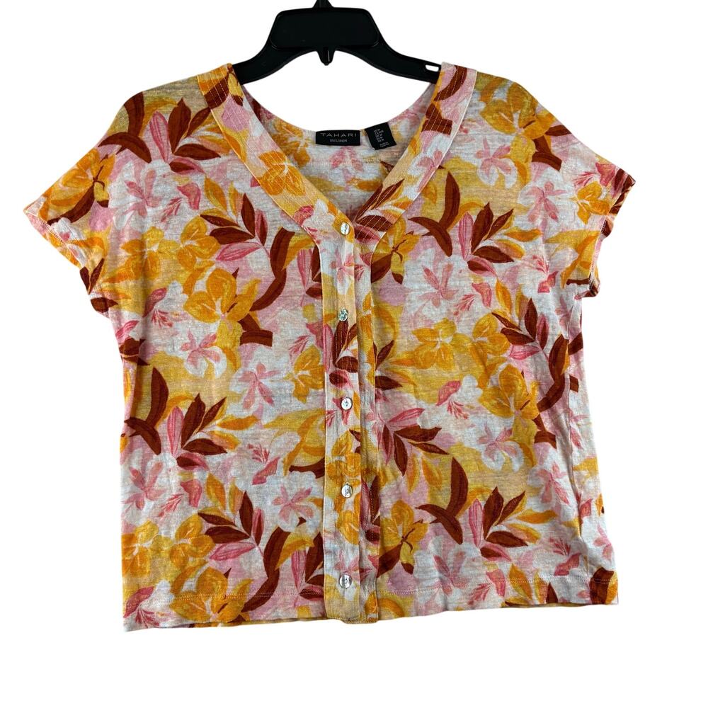 Tahari Short Sleeve Button Up Blouse Women's Medium 100% Linen Tropical Beachy